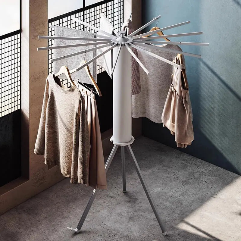 Easerack aluminum tripod clothes drying rack opened with garments hanging, ideal for efficient laundry drying indoors or outdoors.