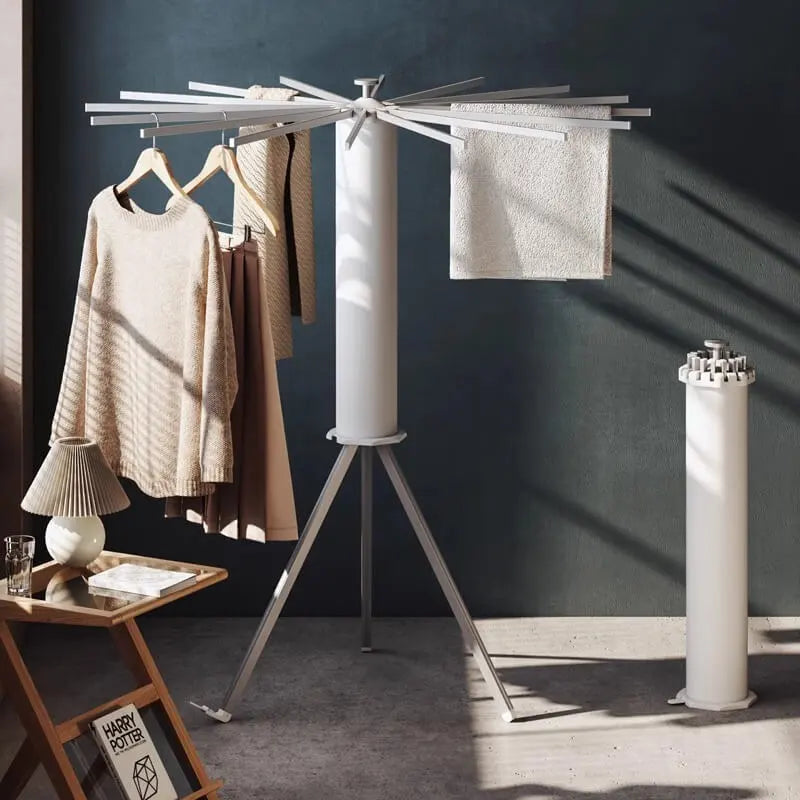 Easerack aluminum tripod drying rack fully extended with clothes and towels hanging, displayed alongside its compactly stored form, highlighting its versatility and modern design.