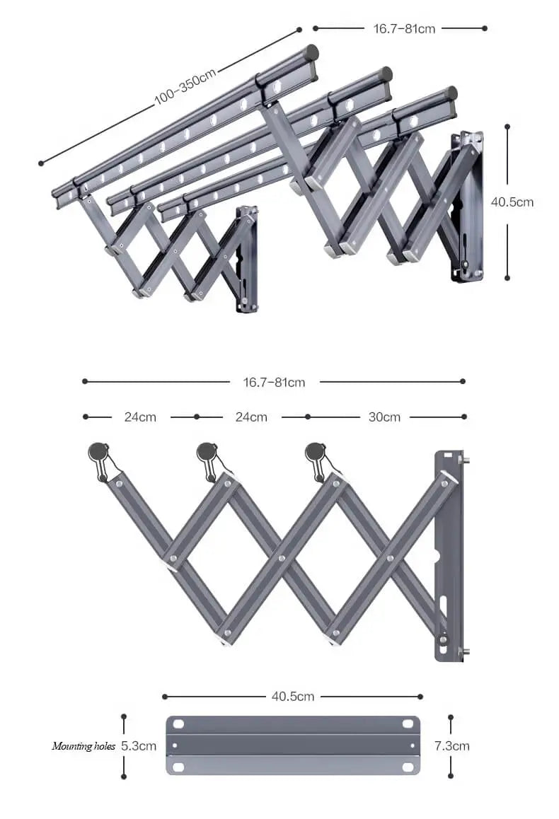 Detailed dimensions of the Easerack retractable clothes drying rack, showcasing its length from 100-350cm and maximum extension of 81cm.